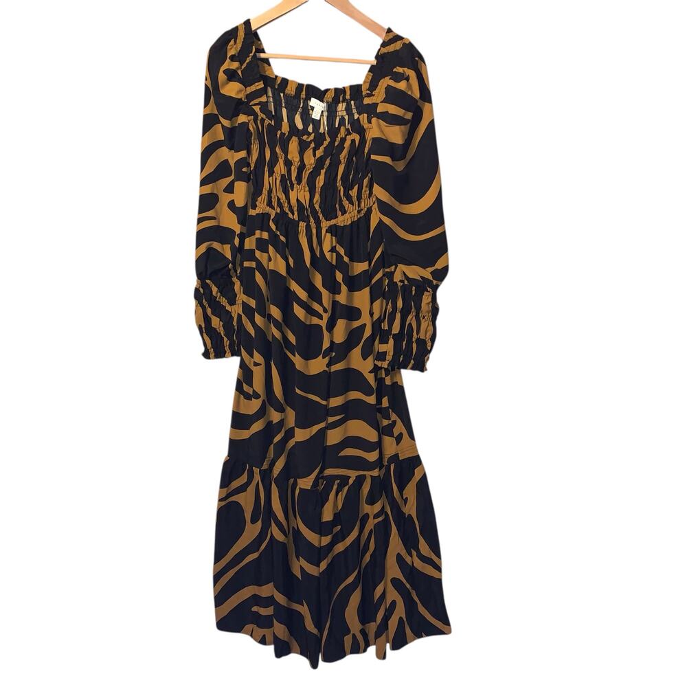 TOPSHOP Shirred Long Sleeve Maxi Dress In Black Brown Multi - Picture 6 of 14